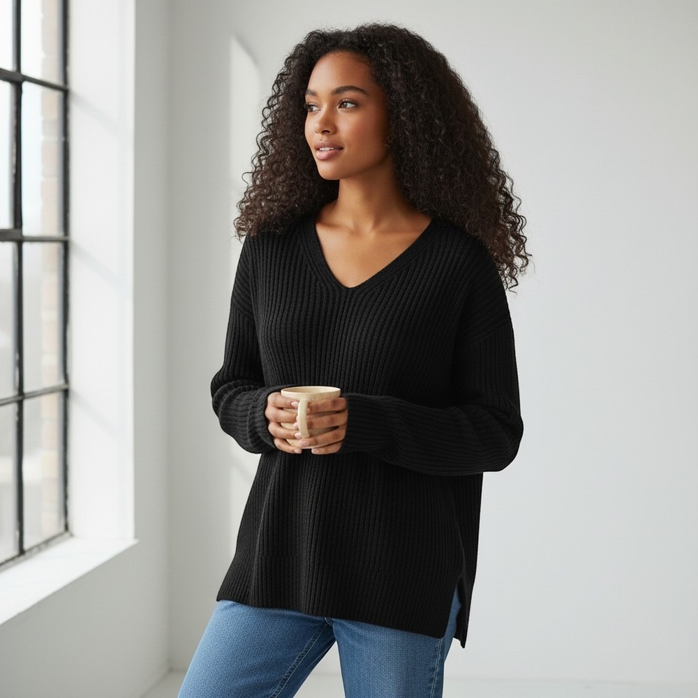 Athleta V-Neck Ribbed Sweater Womens XS oversized Black Side Slit Pullover